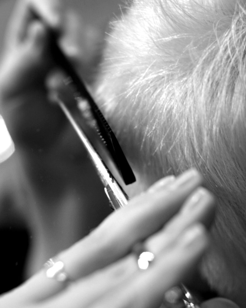 Stylist cutting a client's hair with scissors and comb